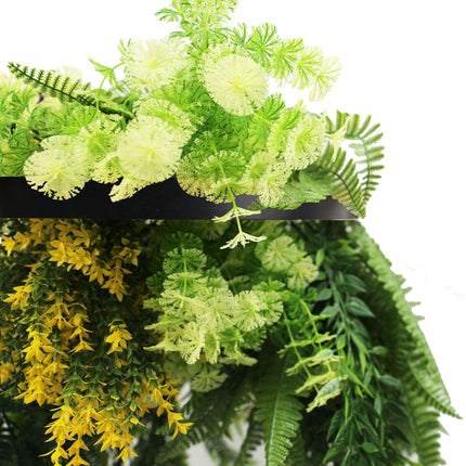 Black Framed Hanging Disc with Bright Tropical Foliage and Draping Ferns 40cm UV Resistant.