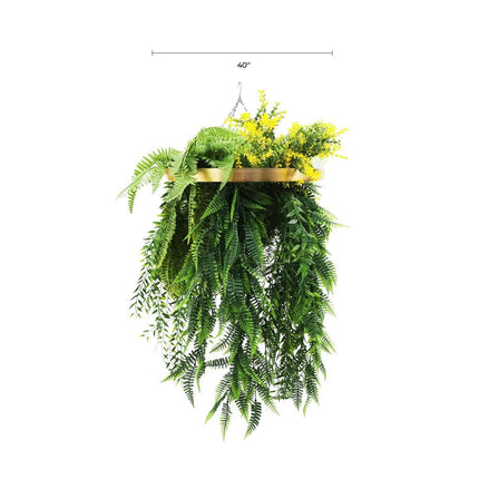 Gold Framed Roof Hanging Disc With Bright Tropical Foliage Mix and Draping Ferns 40cm UV Resistant.