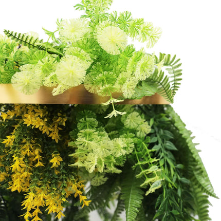 Gold Framed Roof Hanging Disc With Bright Tropical Foliage Mix and Draping Ferns 40cm UV Resistant.