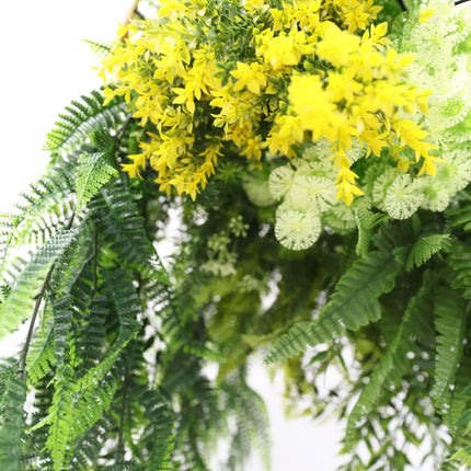Gold Framed Roof Hanging Disc With Bright Tropical Foliage Mix and Draping Ferns 40cm UV Resistant.