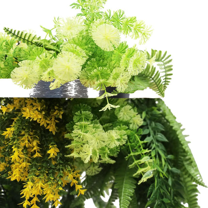 Silver Framed Roof Hanging Disc With Bright Tropical Foliage Mix and Draping Ferns 40cm UV Resistant.