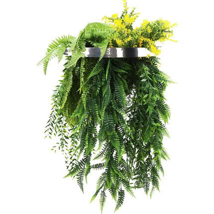 Silver Framed Roof Hanging Disc With Bright Tropical Foliage Mix and Draping Ferns 40cm UV Resistant.