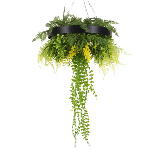 Black Framed Roof Hanging Disc with Draping Life-like Plants 40cm.