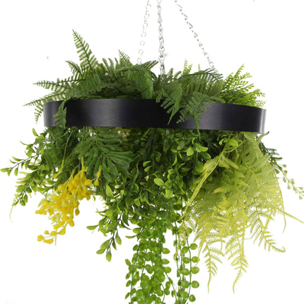 Black Framed Roof Hanging Disc with Draping Life-like Plants 40cm.