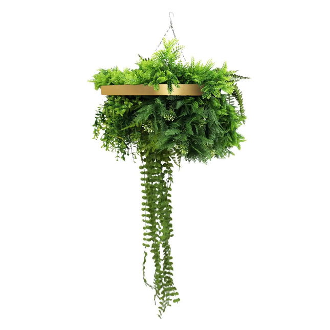 Gold Framed Roof Hanging Disc With Draping Life-Like Plants UV Resistant 40cm.