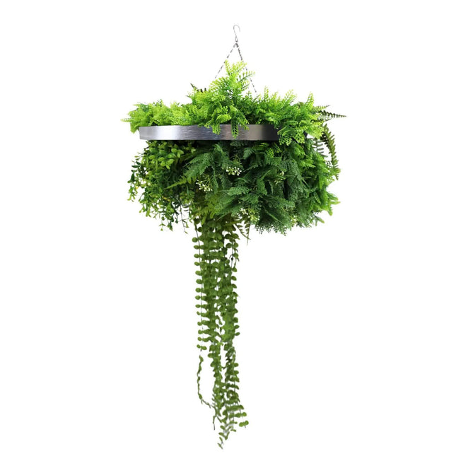 Silver Framed Roof Hanging Disc With Draping Life-Like Plants UV Resistant 40cm.