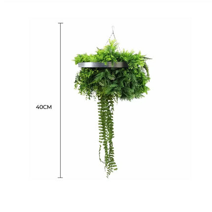 Silver Framed Roof Hanging Disc With Draping Life-Like Plants UV Resistant 40cm.