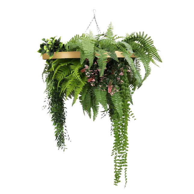 Gold Framed Roof Hanging Disc with Draping Life-Like Plants UV Resistant 60cm.