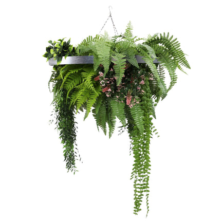 Silver Framed Roof Hanging Disc with Draping Life-Like Plants UV Resistant 60cm.