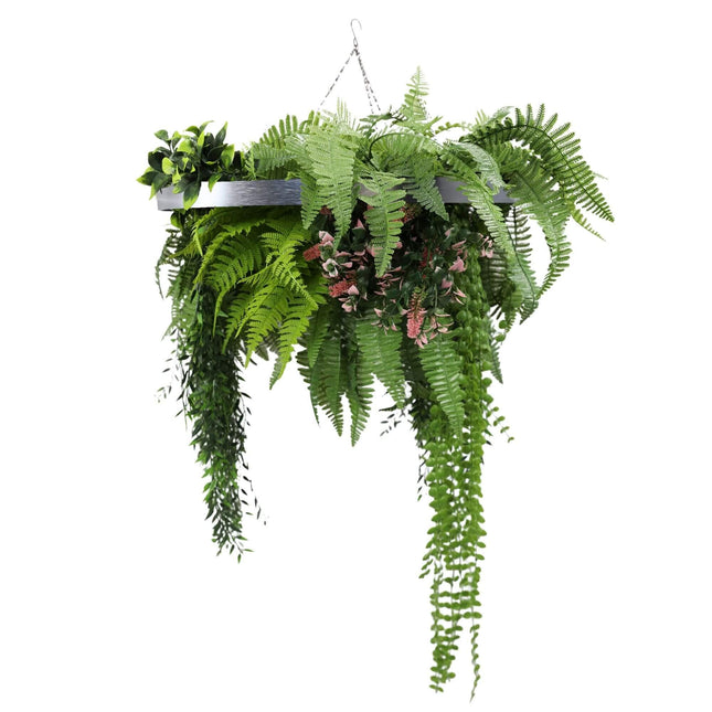 Silver Framed Roof Hanging Disc with Draping Life-Like Plants UV Resistant 60cm.