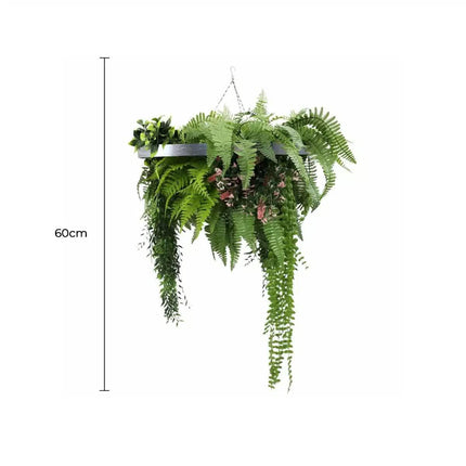 Silver Framed Roof Hanging Disc with Draping Life-Like Plants UV Resistant 60cm.
