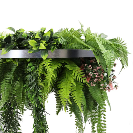 Silver Framed Roof Hanging Disc with Draping Life-Like Plants UV Resistant 60cm.