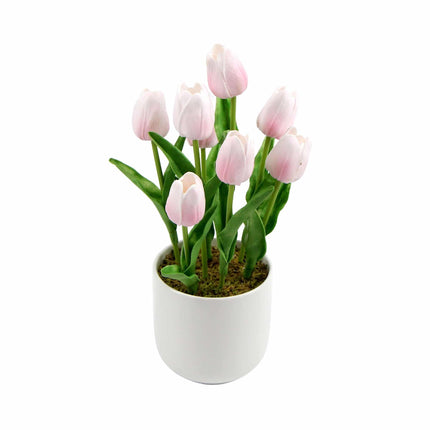 Flowering Pink Artificial Tulip Plant Arrangement With Ceramic Bowl 35cm.