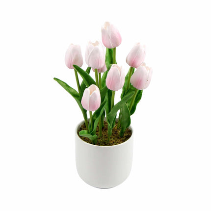 Flowering Pink Artificial Tulip Plant Arrangement With Ceramic Bowl 35cm.