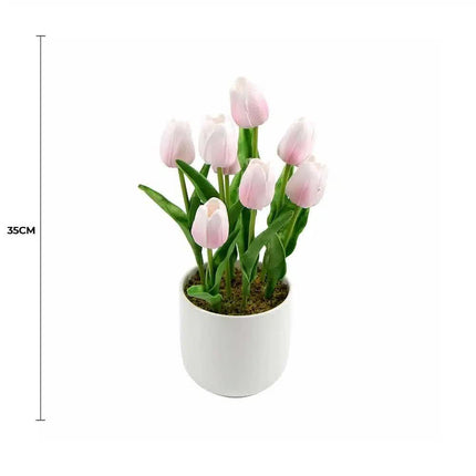 Flowering Pink Artificial Tulip Plant Arrangement With Ceramic Bowl 35cm.