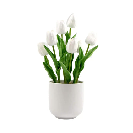 Flowering White Artificial Tulip Plant Arrangement With Ceramic Bowl 35cm.