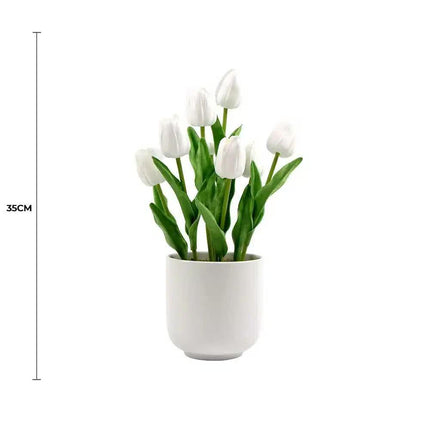 Flowering White Artificial Tulip Plant Arrangement With Ceramic Bowl 35cm.