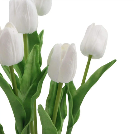 Flowering White Artificial Tulip Plant Arrangement With Ceramic Bowl 35cm.