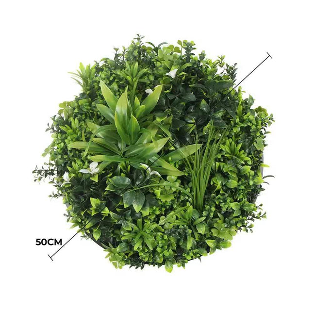 Slimline Flowering White Artificial Green Wall Disc UV Resistant 50cm (Black Frame).