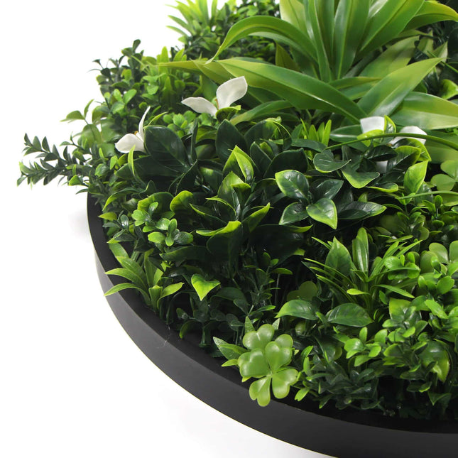 Slimline Flowering White Artificial Green Wall Disc UV Resistant 75cm (Black Frame).
