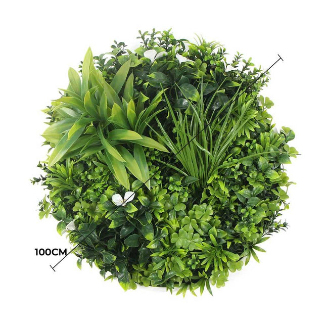 Slimline Flowering White Artificial Green Wall Disc UV Resistant 100cm (White Frame).