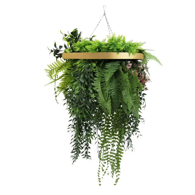 Premium Hanging Artificial Plant Arrangement with Gold Frame 40cm UV Resistant.