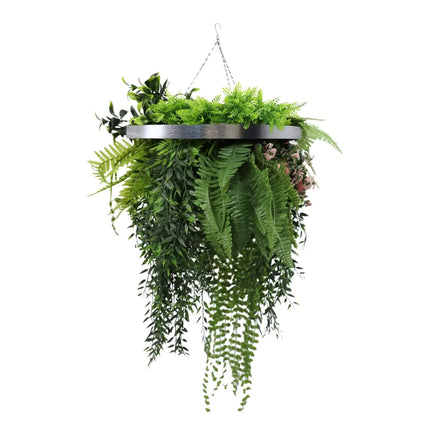 Premium Hanging Artificial Plant Arrangement with Silver Frame 40cm UV Resistant.