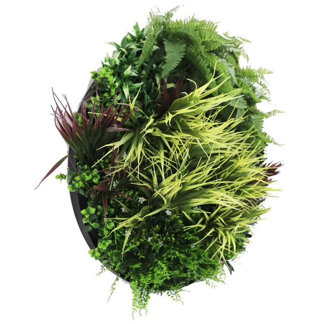 Slimline Artificial Green Wall Disc Art 80cm Grassy Fern UV Resistant (Black).