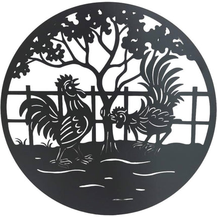 Set 2 Happy Rooster Metal Wall Art 98x98cm.