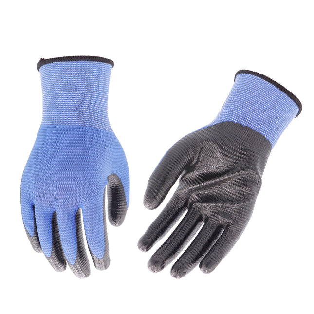 bulk 24 Blue U3 Polyester Shell w Black Nitrile Garden Gloves.