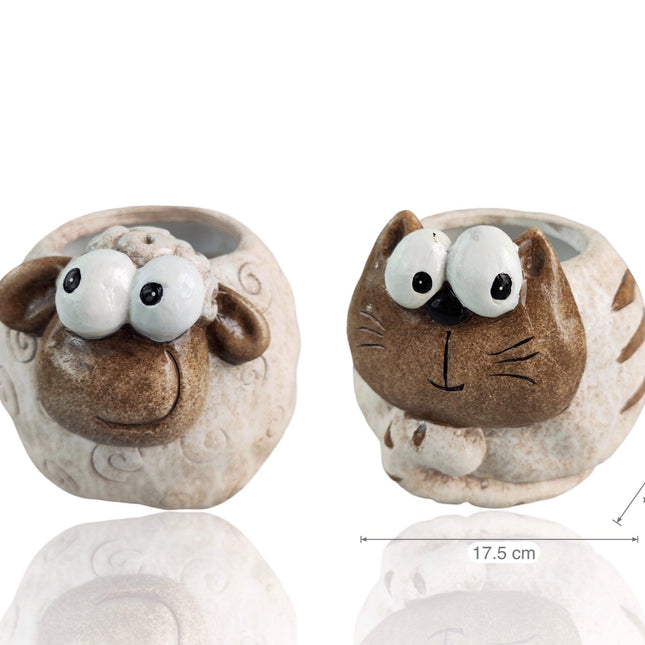 Set 2 Ceramic Sheep & Cat Planter 15cm.