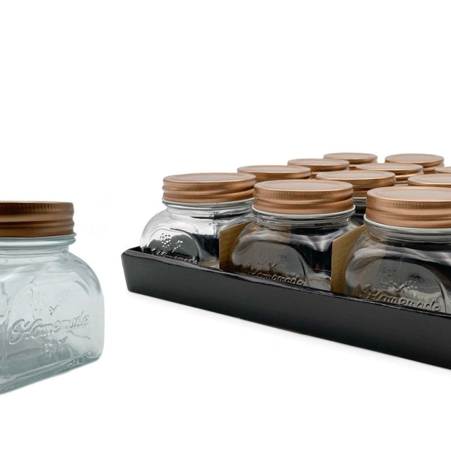 bulk 36 Glass Square Jar w Gold Metal Lid 250ml.