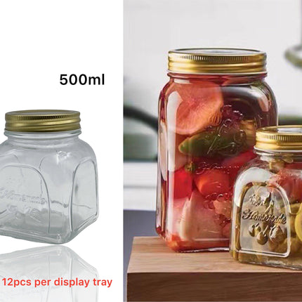 bulk 36 Glass Square Jar W Gold Metal Lid 500ml.