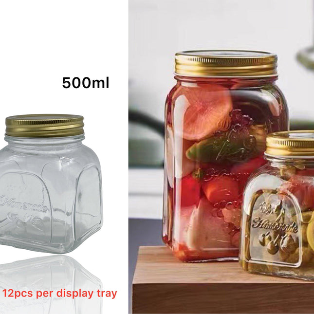 bulk 36 Glass Square Jar W Gold Metal Lid 500ml.