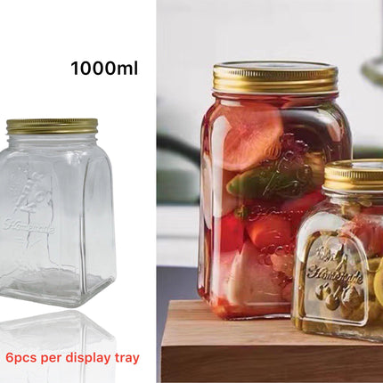 bulk 18 Glass Square Jar w Gold Metal Lid 1000ml.