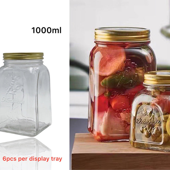 bulk 18 Glass Square Jar w Gold Metal Lid 1000ml.