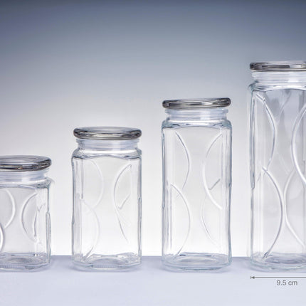 bulk 12 Swirl Embossed Squ Glass Jar w Glass Lid 27cm.
