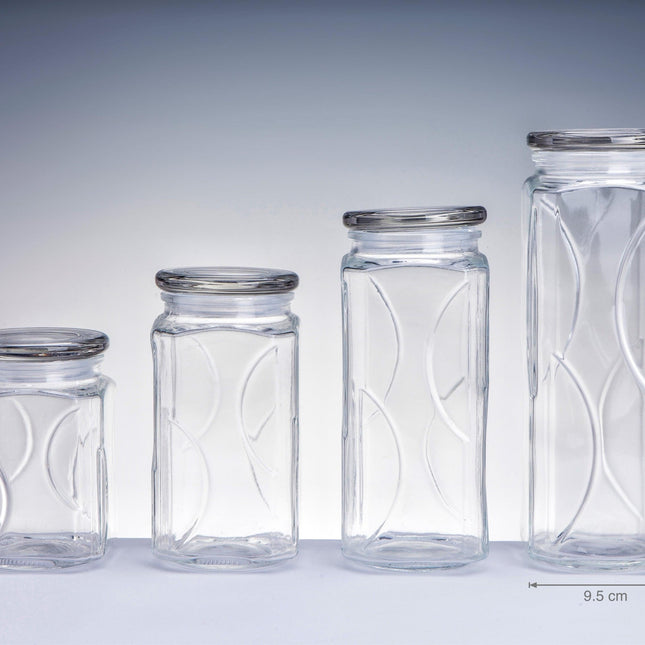 bulk 12 Swirl Embossed Squ Glass Jar w Glass Lid 27cm.