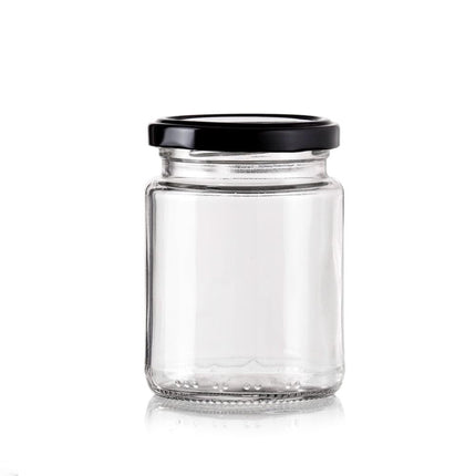 bulk 48 Glass Jar Round w Black Lid 200ml Canister 9cm.