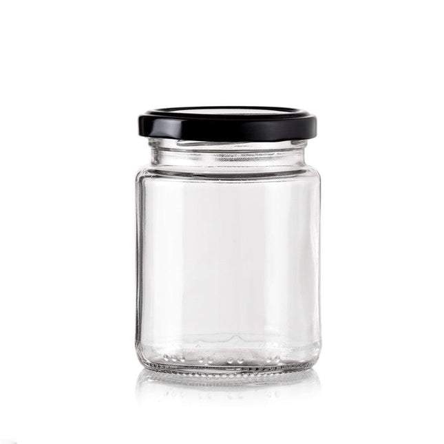 bulk 48 Glass Jar Round w Black Lid 200ml Canister 9cm.