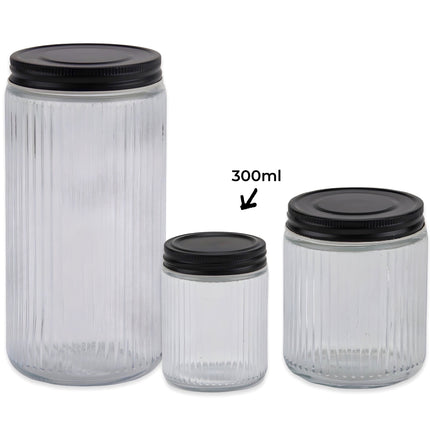 bulk 24 Ribbed Glass Jar With Metal Lid 300ml 7x10cm.