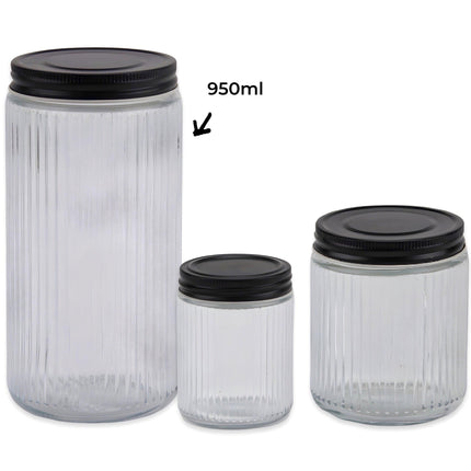 bulk 12 Ribbed Glass Jar With Metal Lid 950ml 9x19cm.