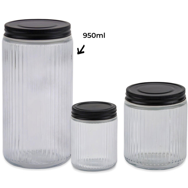 bulk 12 Ribbed Glass Jar With Metal Lid 950ml 9x19cm.