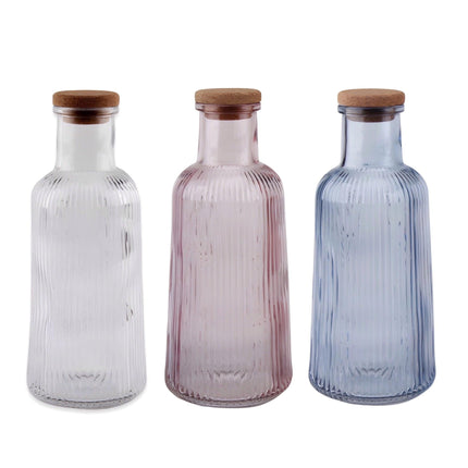 bulk 12 Ribbed Glass Bottle With Cork Lid 1lt 3 Assorted 8x28cm.