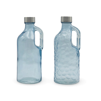 bulk 12 Blue Glass Water Bottle w Handle 1L 2 Assorted 10x25cm.