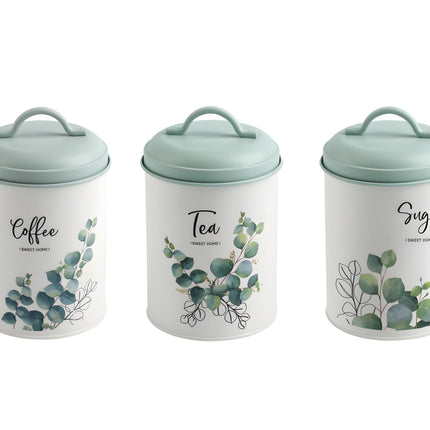 Set 3 Eucalyptus Metal Coffee Tea Sugar Storage Tins 11x18cm.