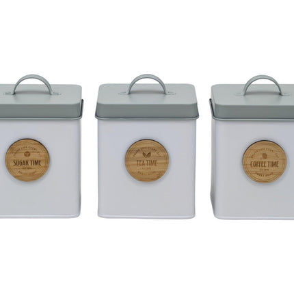 Set 3 Metal Kitchen Storage Tin Sugar Tea Coffee 18cm.