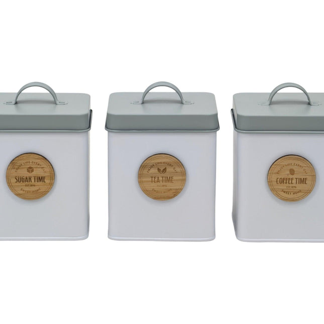 Set 3 Metal Kitchen Storage Tin Sugar Tea Coffee 18cm.