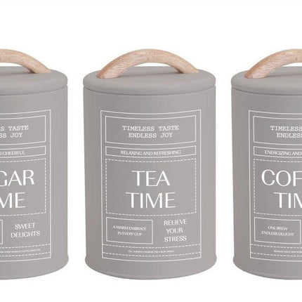Set 3 Almond Cream Metal Coffee Tea Sugar Storage Tins 11x19cm.