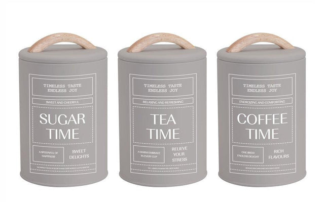 Set 3 Almond Cream Metal Coffee Tea Sugar Storage Tins 11x19cm.